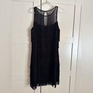 White House Black Market Fringe Party Dress Black Sheer Neckline Small Flapper